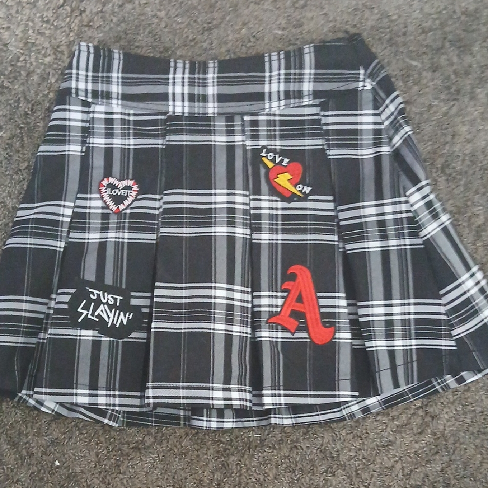 No Boundaries Black and White Plaid Mini Skirt with Graphic Patches